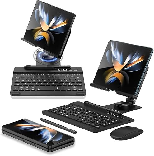 For Samsung Galaxy Z Fold 6 5 4 3 Keyboard and Mouse & Touch Pen, Portable Detachable Bluetooth Keyboard with Adjustable Desk Stand Holder for Z Fold 6 5 4 3 Phone (Black)