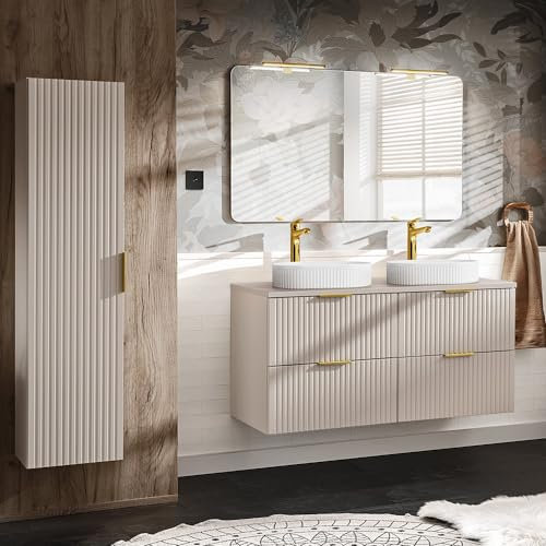 Lomadox Badezimmer Badmöbel Set mit 120cm Waschtisch, 3-teilig, in Kaschmir, mit Keramik-Waschbecken, Spiegel, LED-Beleuchtung, Hochschrank