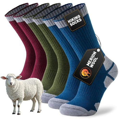 Niorasen Merino Wool Walking Socks for Men Women, Cushioned Anti Blister Performance Hiking Socks for Running, Sports, Cycling, Trekking, Work, Casual Thicked 3 Pairs