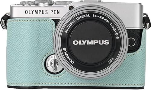 BMAOLLONGB E-P7 Schutzhülle, handgefertigt, PU-Leder, halbe Kameratasche, Abdeckung unten Öffnung, Version für Olympus PEN E-P7, mit Handschlaufe, Blau