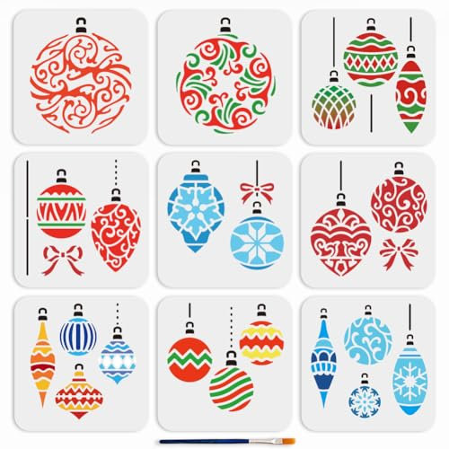 MAYJOYDIY 9 pochoir Boule de Noël 15 × 15cm Pochoir Ornements de Noël D'Hiver avec Pinceau Modèle Joyeux Noël pour Fenêtre Verre Mur Cartes de Noël Cadeaux