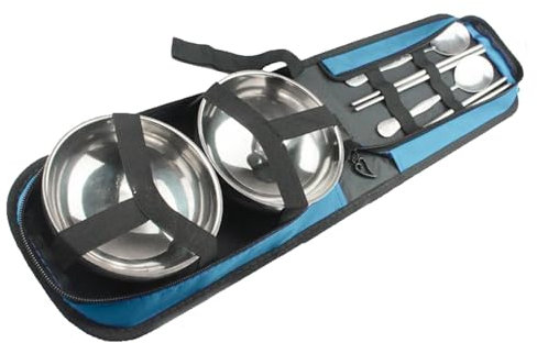 Tragbares Utensilien-Set – Outdoor-Esszimmer-Set | Edelstahl Doppel-Besteck-Set, Metall-Utensilien für Camping, Reisen und Wandern, komplett mit Schüssel, Löffel, Gabel und Essstäbchen für unterwegs