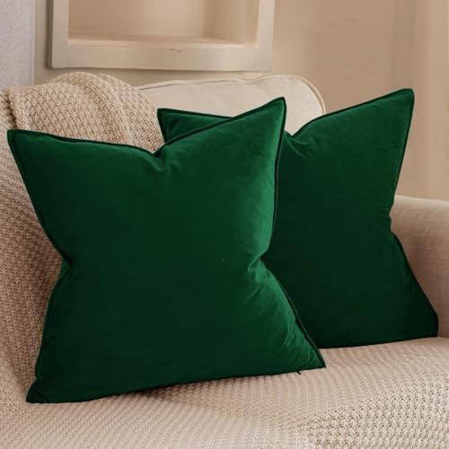 VAKADO Christmas Cushion Covers Velvet Dark Green Decorative Pillow Covers With Fringe Decor Soft Square Cozy Solid Color Cushion Cases Home for Bed Bedroom Couch Car Sofa Set of 2,45x45