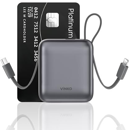 VINKO Small Power Bank with Built-in Cable,10000mAh Fast Charging Power Bank, 22.5W USB C Portable Charger, Mini Battery Pack for iPhone 16 15 14 13 Samsung Galaxy Google Android (Gray)