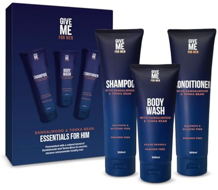 Give Me Cosmetics, Mens Shampoo, Conditioner & Body Wash, Sandalwood & Tonka Bean, Essentials For Him, Stimulates Hair Growth, Nourishing Scalp