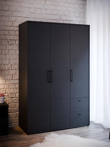 Forte PYS - Armario Moderno de 3 Puertas y 2 cajones, Color Negro, 124,2 x 190,4 x 54 cm