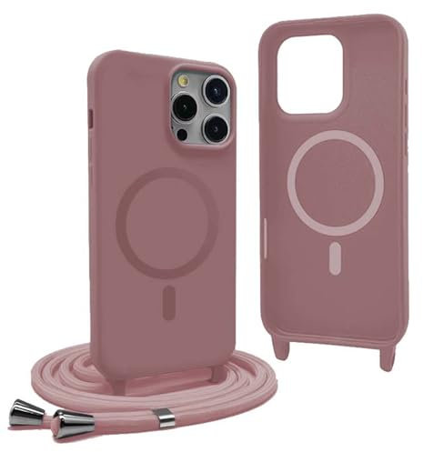 YFSYLL Magnétique Coque pour iPhone 12 Pro Max avec Cordon,Compatible avec MagSafe,Coque Silicone pour Magnétique avec Réglable Collier - Rose Gold