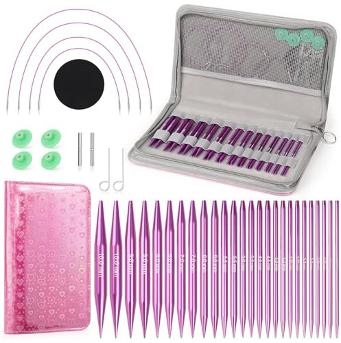 Coopay Auswechselbare Rundstricknadeln Set, 3,0-10mm Stricknadeln Set Austauschbar, 13 Paar Aluminium Austauschbare Rundstricknadeln, Stricknadeln Rundstricknadel mit Aufbewahrungstasche, Lila