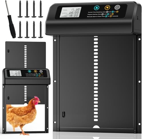 Woobroo Automatic Chicken Coop Door with Timer & Manual Modes, IPX6 Waterproof Automatic Chicken Door with Anti-Pinch Sensor, Temp Control from -20℃ to 50℃, Aluminum Alloy for Safe Chicken Keeping