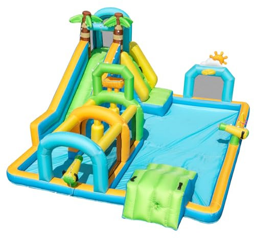 COSTWAY Inflatable Water Park, Giant Kids Bouncy Castle with Double Slides, Climbing Wall, Water Cannons, Obstacle Course, Splash Pool, Outdoor Blow Up Bounce House (without blower)