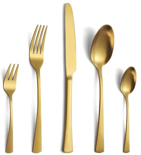 Gifcomda Lot de 30 Couverts en Acier Inoxydable Doré Mat pour 6 Personnes, Miroir Poli Set de Couverts Avec Couteau, Fourchette, Cuillère, Passe au Lave-vaisselle