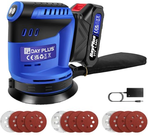 Cordless Random Orbital Sander with Battery, Dust Collector, 1.5Ah Battery, 12Pcs Sandpapers, 21V Electric Sander for Walls and Wood, 360°Rotating Base, 3-Speed Adjustable, Circular Palm Sanders,Blue