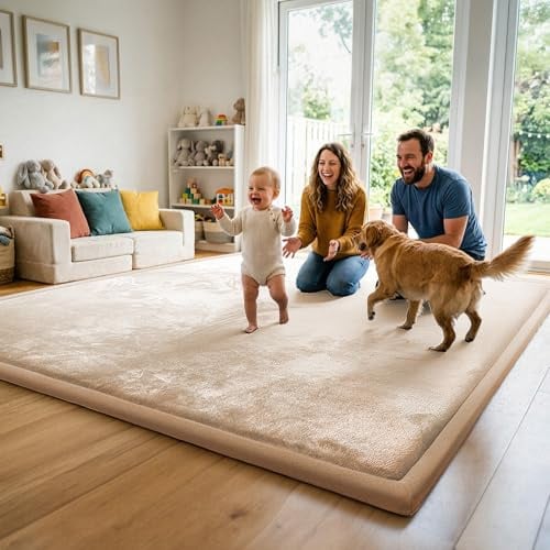 AEOCOO Krabbelmatte Baby 180x200 cm – 3,3 cm extra Dicke Krabbeldecke & Spielmatte aus Schaumstoff, rutschfest, für Laufgitter, Wohnzimmer Kinderteppich, Beige