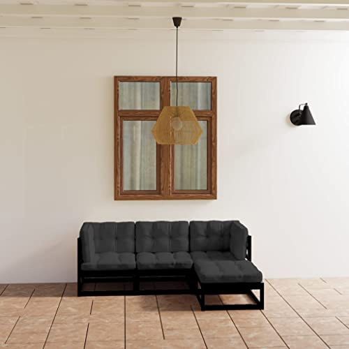 QJBSAVVA 4-TLG. Garten-Lounge-Set Schwarz massives Kiefernholz 70x70 cm Ecksofa mit Anthrazit-Kissen modular erweiterbar für Balkon Garten Terrasse