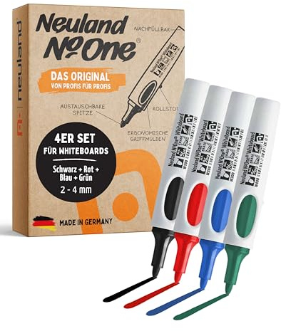 Neuland No.One® Whiteboard-Marker I Mehrfarbiges 4er Set mit Rundspitze 2-4 mm I Nachfüllbarer Marker für Trainer, Moderatoren & Coaches I Ergonomischer & langlebiger Präsentationsstift