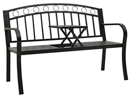 Hoopleep Gartenbank mit integriertem Tisch, Schwarz, 120 cm, aus pulverbeschichtetem Stahl, robuste Sitzgelegenheit für Terrasse, Balkon und Außenbereich