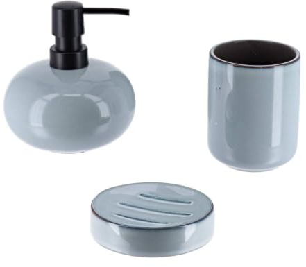 Tendance - Set Gobelet Distributeur à Savon et Porte Savon Grès Laqué - Bleu - Salle de Bain - Accessoire Salle de Bain à Poser