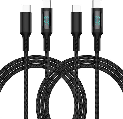 Eaxus USB-C auf USB-C Schnellladekabel 60W | 1m Ladekabel mit LED-Display | Power Delivery | Datenkabel zum Aufladen & Synchronisieren | Schwarz | 2er Set