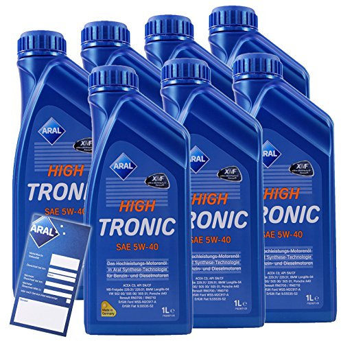 7x 1 L Liter ARAL HighTronic 5W-40 Motoröl inkl. Ölwechselanhänger