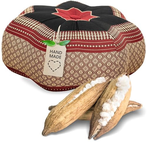 livasia Meditationskissen Stern groß - Ø 40x20cm - Yogakissen mit Kapok, Pouf, Bodenkissen sternförmig Yoga Zen Meditation, Zafukissen Garten Balkon, Sitzkissen handgefertigt (Rot/Schwarz)