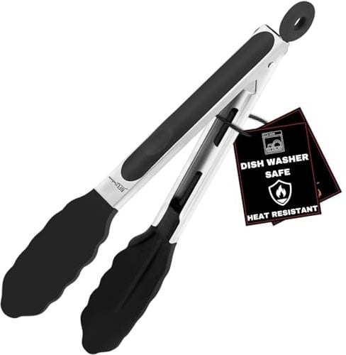 Kitchen Silicone Tongs 9 Inches | Stainless Steel Handle with Easy Grip and Smart Padlock System | Curved Silicone Tip for Strong Grip | Handy Tong for BBQ, Serving, Frying, and Cookin (Black).