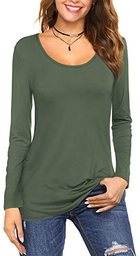 Florboom Ladies Long Sleeve Tshirts Basic Scoop Neck Plain Tee Top Army Green 16 18