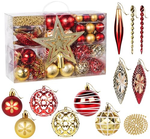 Weihnachtskugeln Weihnachtsdeko, 102 Stück bestehend aus einem Stern für die Spitze des Weihnachtsbaums Perlenketten Weihnachtskugeln für Partys Weihnachten hängende Bäume Dekoration, Gold