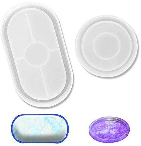 maxin Lot de 2 moules en résine en silicone pour la fabrication de sous-verres, assiettes à bijoux, plateaux, bougeoirs, supports de pots de fleurs, tapis de bol (ovale + rond)