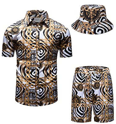 fohemr Herren barock 2-Teiliges Outfit Golden Chain Muster Weiß Hemd shorts mit Eimerhut Freizeitanzug Sommer Urlaub Strand set Large