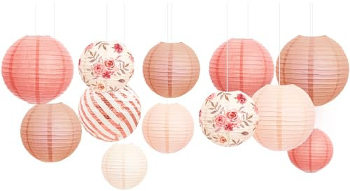 NICROLANDEE Roségoldene Partydekorationen – 12 Stück roségoldene Papierlaternen mit Vintage-Blumenmuster, hängende Dekorationen für Hochzeit, Geburtstag, Baby-/Brautparty, Verlobung, Gartenteeparty