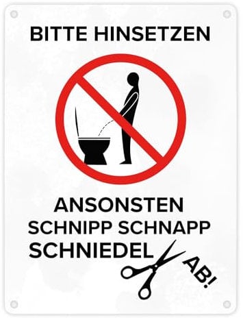 Bitte hinsetzen, ansonsten… Toilette Metallschild in 15x20 cm mit Icon witziges Blechschild für die Toilette Hinsetzen sonst Schniedel ab Kloschild Dekoschild WC