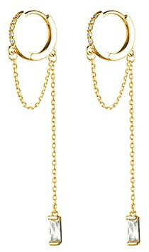 SLUYNZ 925 Sterling Silver CZ Dangle Earrings Chain For Women Teens Dangling Hoop Earrings Tassel Chain (B-Gold Plated)