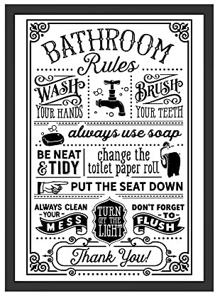 Bathroom Rules Poster im Vintage-Stil – Schwarz-Weiß Wandbild für Gäste-WC oder Badezimmer – Lustige Badregeln als Deko – Hygieneregeln Schild – Ohne Rahmen – DIN A4