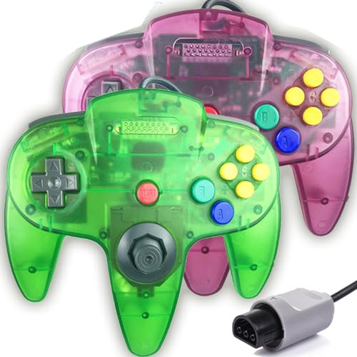 Tevodo Manette N64, manette filaire classique compatible avec console N64 (violet transparent et vert transparent)