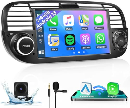 2+64GB Android Autoradio Carplay für FIAT 500 2007-2015 mit 7 Zoll Bildschirm Touch Display Android Autoradio mit Navi Bluetooth WiFi USB FM RDS Rückfahrkamera Canbus(Schwarz)
