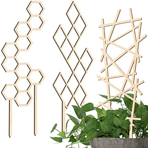 Decorify Rankhilfe Zimmerpflanzen 3 Stück - Rankgitter Holz - Pflanzenstütze 6mm - Rankhilfen für Kletterpflanzen - Pflanzengitter für Topfpflanzen - 41/39/44cm - Diamond/Hexagon/Zigzag - Natur