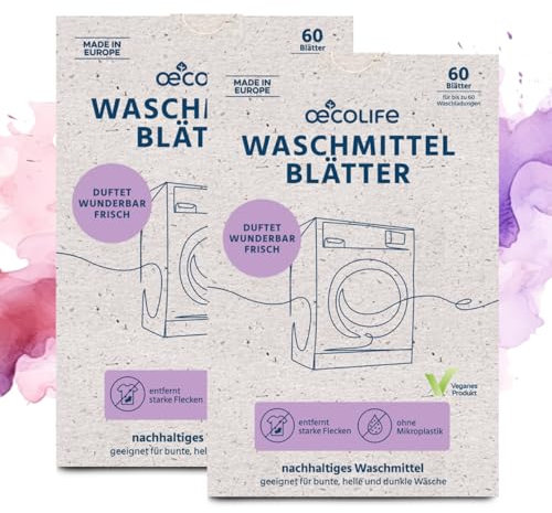 oecolife Waschmittel Blätter, 2x 60 Waschladungen, Vollwaschmittel Made in EU, Waschmittelsteifen für Weiß- und Buntwäsche, wasserlöslich, biologisch abbaubar, nachhaltig, Waschstreifen, Waschblätter