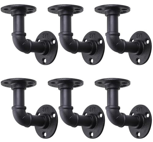 6 Pack Industrial Pipe Shelf Brackets, Black Floating Pipe Brackets with Screws, Heavy Duty Wall Mounted Pipe Shelves for Home Scaffold Board - 10×10cm