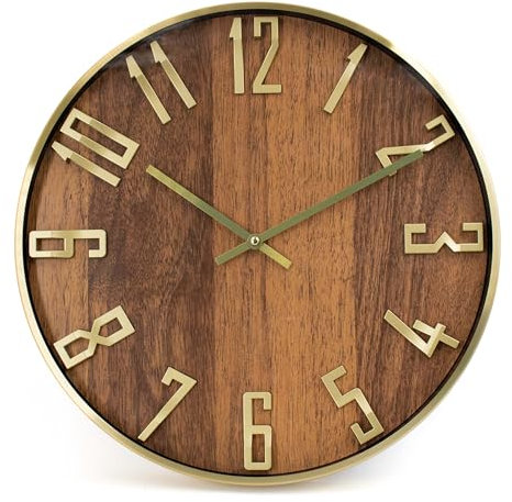 K&L Wall Art 40cm große Holzoptik Wanduhr ohne Tickgeräusche geräuschlose Holzuhr für Wohnzimmer Büro 3D Ziffern Gold