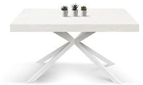Marca Design Mesa Extensible de Comedor Moderna, Convertible hasta 10 plazas con Tablero Rectangular de melamina y Patas de Hierro Cruzadas, Made in Italy (Fresno y Blanco, 140 x 90 x 74)