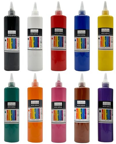 Lot de 10 peintures acryliques de 500 ml chacune, peinture couvrante pour toile, pouring, papier, bois, pierre, tissu, cuir, métal, céramique - 10 x 500 ml