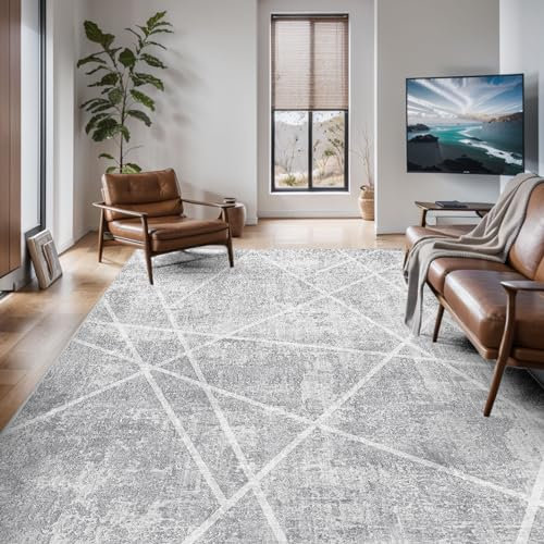 Vamcheer Moderner Anti-Rutsch Teppich - Wohnzimmer Esszimmer Kurzflor 160x230, Waschbar, Kuschelteppich Mit Streifen, Groß für Arbeitszimmer, Büro, Super Weich, Eisgrau