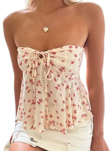 Geagodelia Damen Tube Top Sexy Bandeau Top Trägerloses Schulterfreies Oberteile Y2k Fashion Aesthetic Clothes Sommer Outfit Rückenfreies Crop Tops Streetwear (Blumen, S)