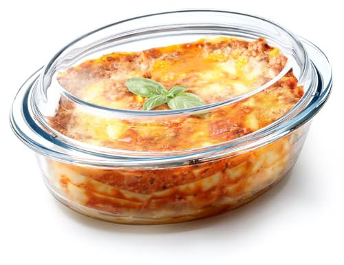 NUTRIUPS Plat à gratin en verre avec couvercle, 2,2 l, 25 x 19,7 x 7,5 cm, petit plat à gratin pour 2 personnes, passe au micro-ondes, au four