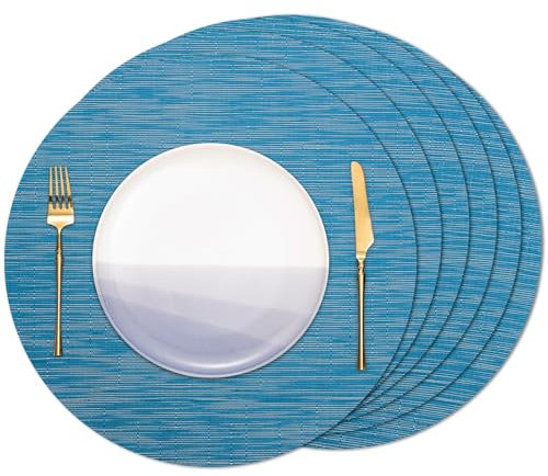 Banchif Tischsets Rund, Tischsets Abwaschbar 6er Set Platzdeckchen PVC Rund rutschfest Platzsets Abwischbar Gewebte Vinyl Platzsets Durchmesser 38 cm, Blau