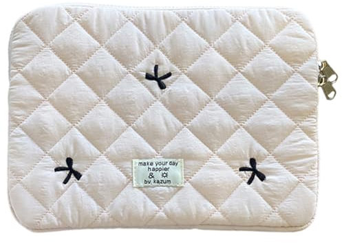CHAMAIR Puffy Laptop Sleeve 15 Inch Cute Bow Laptop Case Coquette Quilted Carrying Laptop Bag for Women Aesthetic Macbook Sleeve Compatible for Notebook Cover 14'' 15''(White 15in)