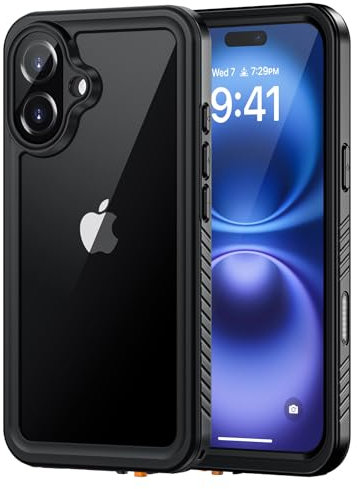Lanhiem for iPhone 16 Case, IP68 Waterproof Dustproof Shockproof Cases with Built-in Screen Protector, 360 Full Body Protective Heavy Duty Rugged Phone Cover for iPhone 16-6.1 inch (Black/Clear)