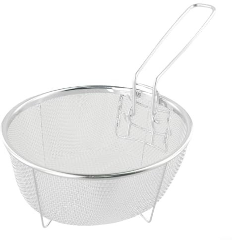 Uwithdanceme Cesta redonda de malla inoxidable de acero inoxidable para freír alimentos, cesta multifuncional con mango desmontable freidora (20 x 20 cm)
