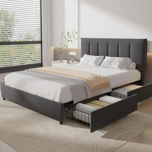 VECELO Lit Double 140 x 200 cm avec 4 Tiroirs de Rangement, Sommier à Lattes en Bois, Tête de Lit Réglable, Revêtement en Velours, Structure Silencieuse, Montage Facile, Gris