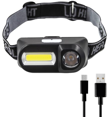 Uni-Com Rechargeable Head Torch – Compact Headlight with 1W LED Spotlight & 1W COB LED Floodlight, Adjustable Strap, Tiltable Beam, Multi Light Settings & Included USB-C Cable for Work & Leisure